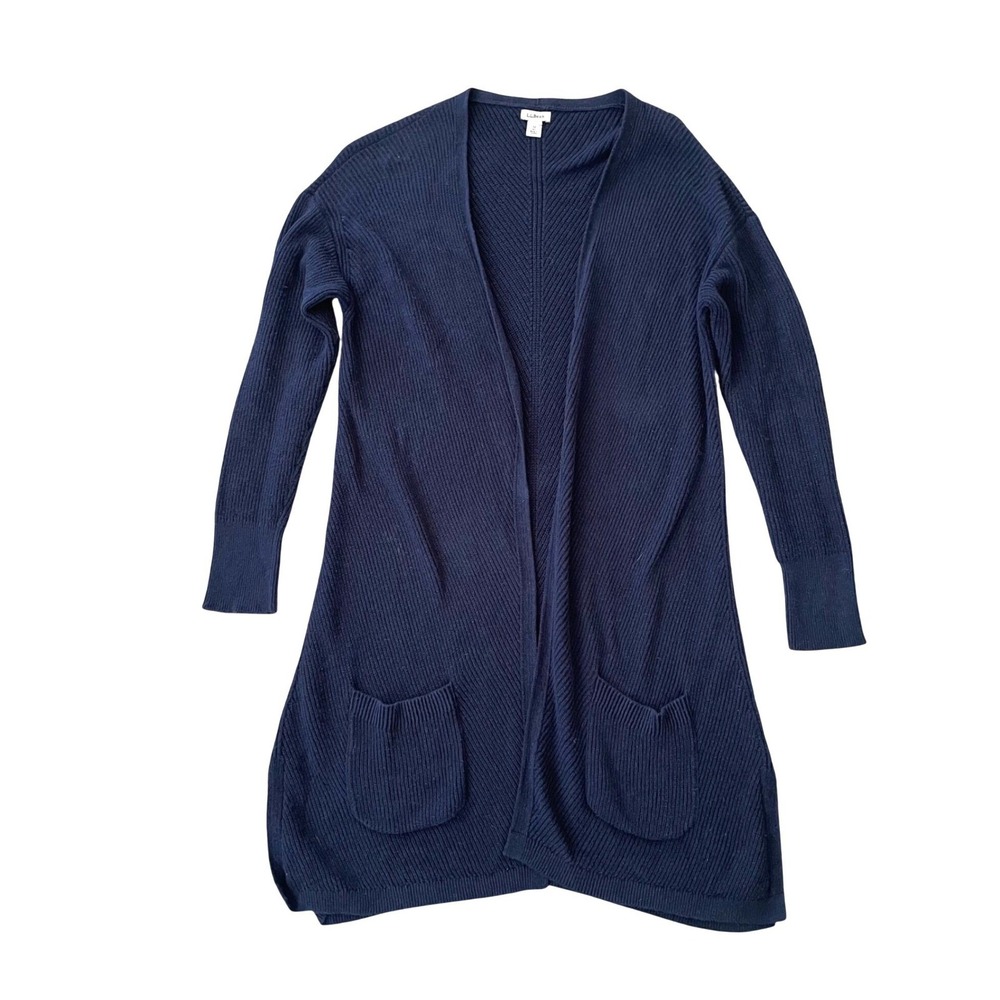 LL Bean Duster Cardigan Sweater Medium Navy Blue Pockets Side‎ Slit